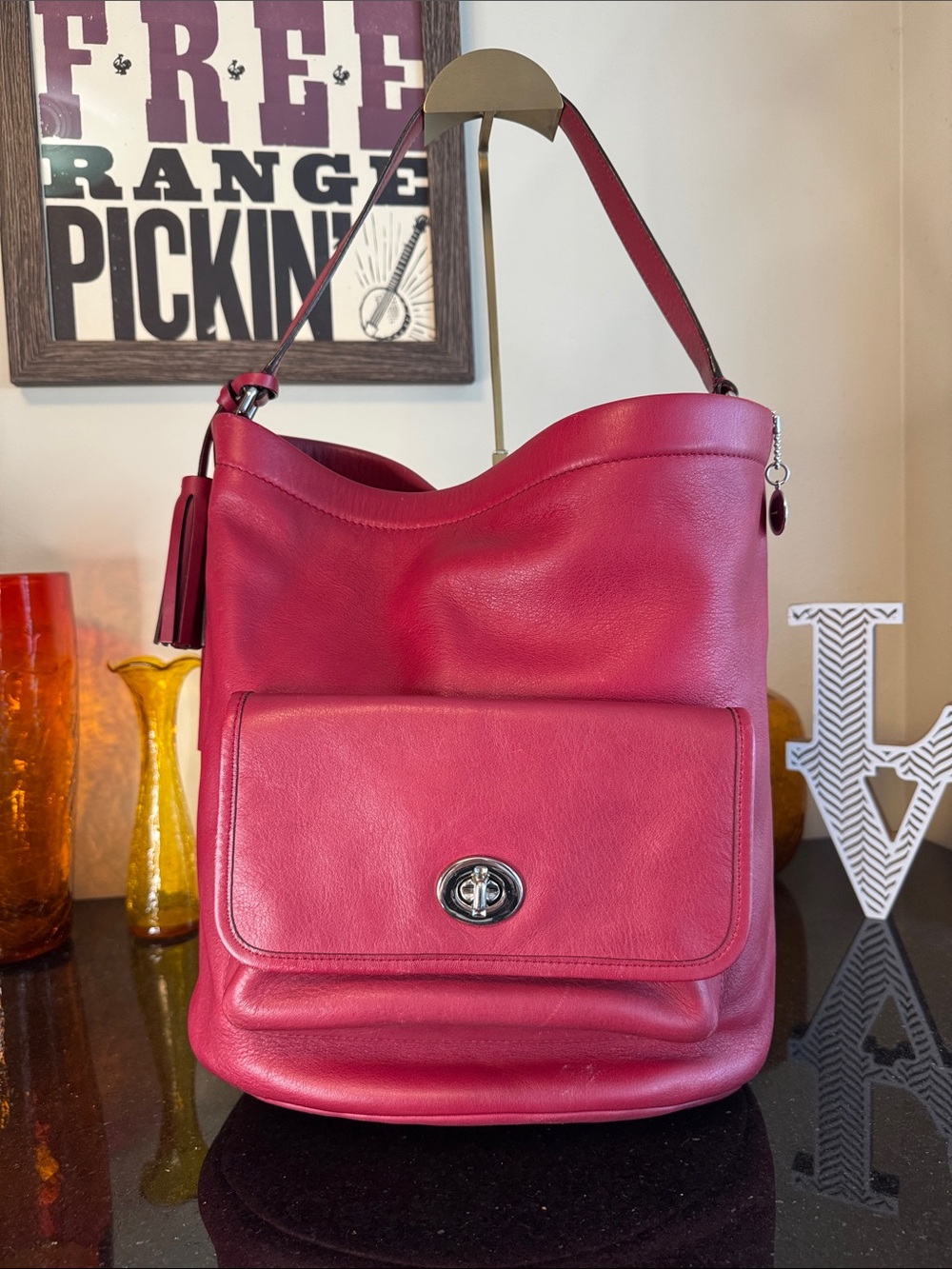 Coach Pink Leather Oval Bucket Bag with Front Turn-Lock Pocket